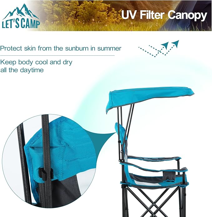 LET'S CAMP Camp Chair with Shade Canopy Folding Camping Chair with Cup Holder and Carry Bag for Outdoor Camping Hiking Beach, Heavy Duty 350 LBS