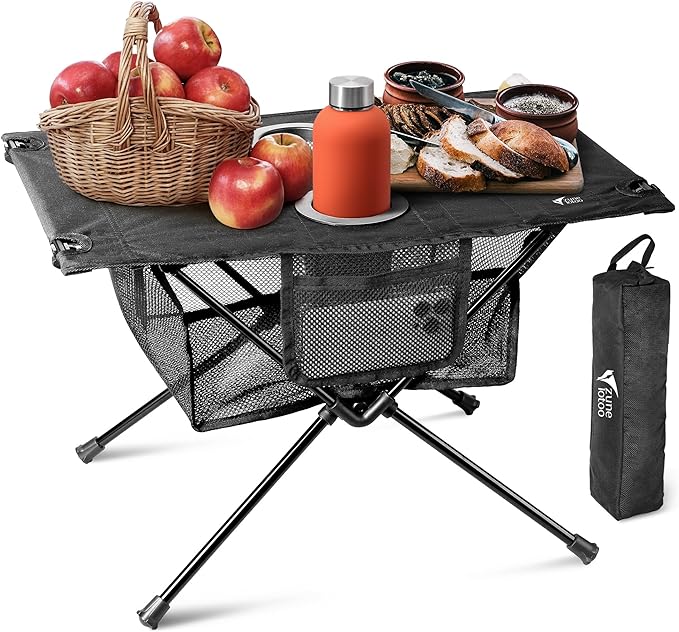 ZUNE LOTOO Portable Camping Table Folding, Small Beach Table Foldable with Drink Holder & Mesh Storage & Carry Bag Compact Camp Tent Side Table for Picnic Tailgate Travel Outdoor Fishing Backpacking