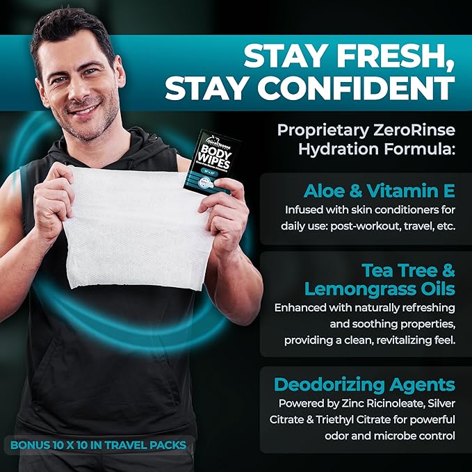 XL Body Wipes for Men - 50 No Rinse Shower Sheets + 4 Travel Bath Sachets - 9"x12" After Gym Mens Deodorant Wipes - Adult Disposable Washcloths, Face Towels for Camping Essentials & Survival Gear