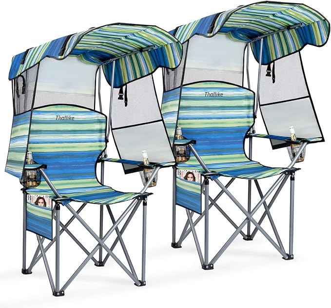 Folding Camping Chair with Reinforced Shade Canopy Comfortable Wide Seat with Cup Holder and Side Pocket Portable Outdoor Chair for Beach Fishing Sports Lawn Supports 350 LBS (2 Pack)