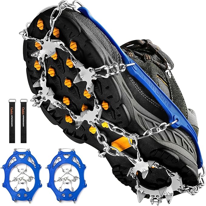 Crampons Ice Cleats Traction Snow Grips for Boots Shoes Women Men Anti Slip 19 Stainless Steel Spikes Safe Protect for Hiking Fishing Walking Climbing Mountaineering