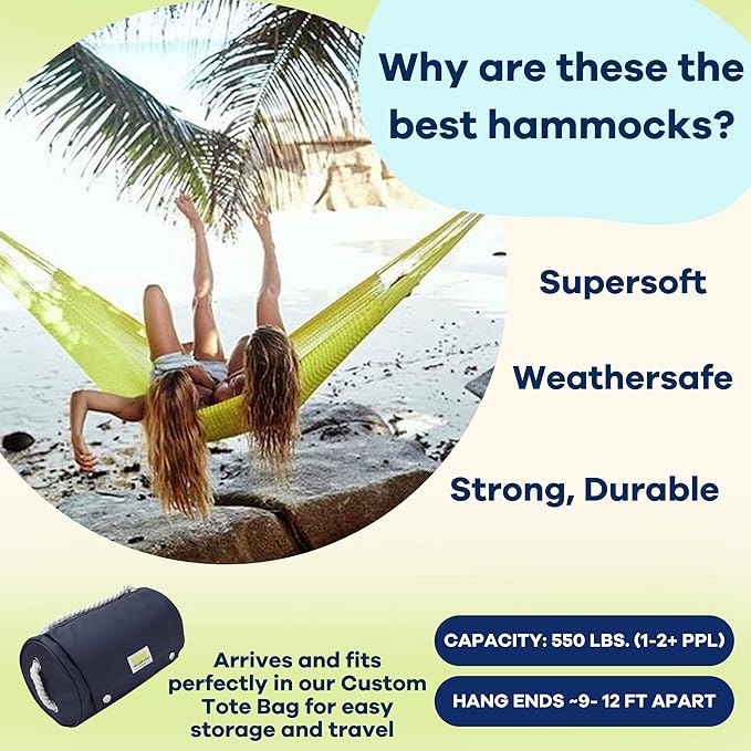 Handwoven Hammock by Yellow Leaf Hammocks - Family Size, Fits 2+ PPL, 550lb max - Weathersafe, Super Strong, Easy to Hang, Ultra Soft, Artisan Made - Color: Yellow