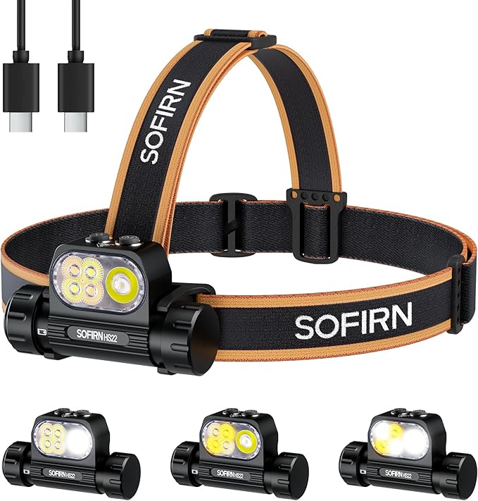 Sofirn HS22 Rechargeable Headlamp 2500 Lumen, 2700K-6500K Color Temperature Control, LED High Brightness Head Lamp with Floodlight Spotlight, Waterproof Headlight for Camping, Running, Outdoor Use