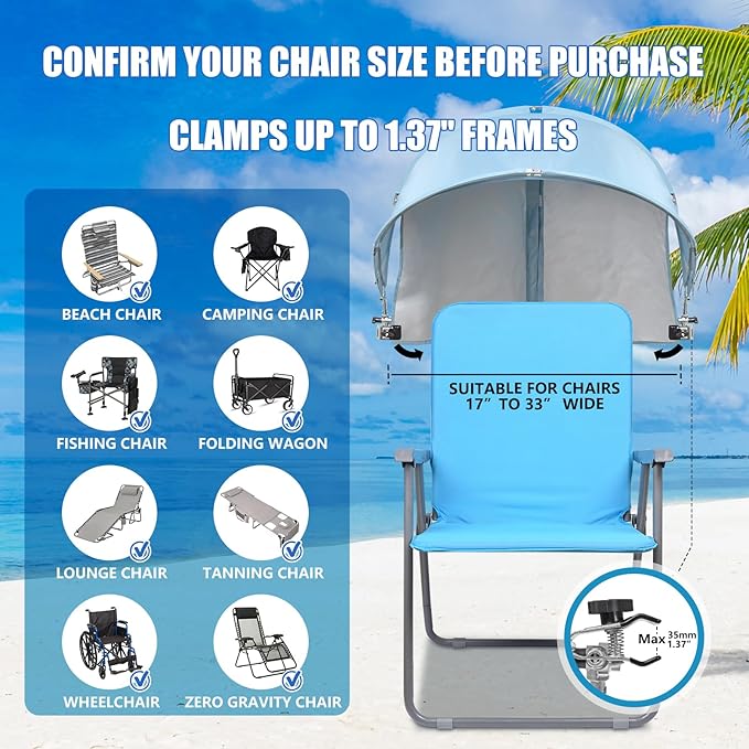 XL Universal Chair Canopy Umbrella, UPF 50+ Foldable Sun Shade Attachment with Adjustable Clamp, Fits Most Brands’ Beach, Camping, Lawn, Tanning, Zero Gravity, Lounge & Fishing Chairs