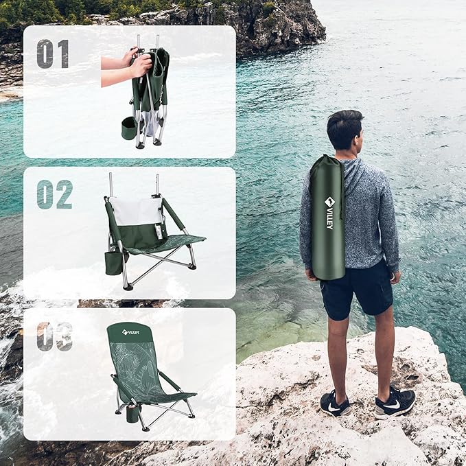 VILLEY Low Beach Chair, High Back Folding Adult Chair, Lightweight & Portable for Outdoor, Beach, Camping, Lawn, Music Festival, with Cup Holder & Carry Bag - Vintage Green Leaves