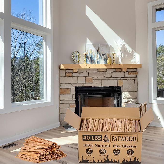 40 lbs Fatwood Fire Starter Sticks, 100% Natural Kindling Firewood Firestarter for Stoves, Pine Wood for Fireplaces, Campfires, Bonfires, Grill