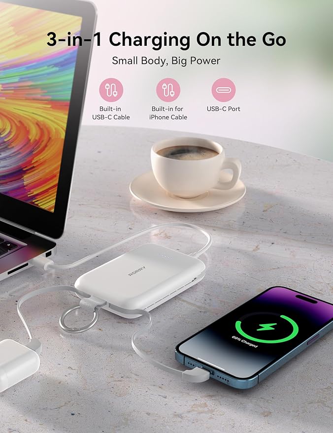 RORRY CharmGo Portable Charger, 10000mAh PD 30W Fast Charging Portable Charger Power Bank with Built-in Cables, Travel Keychain Charger Battery Pack for iPhone 17/16/15, for AirPods 2/3/4/Pro, Black
