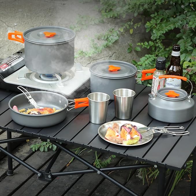 REDCAMP 6/10/11/12/14/15/19 PCS Camping Cookware Mess Kit Camping Gear Campfire Utensils Lightweight Stackable Pot Pan Bowls Soup Spoon with Storage Bag for Camping, Backpacking, Outdoor Cooking