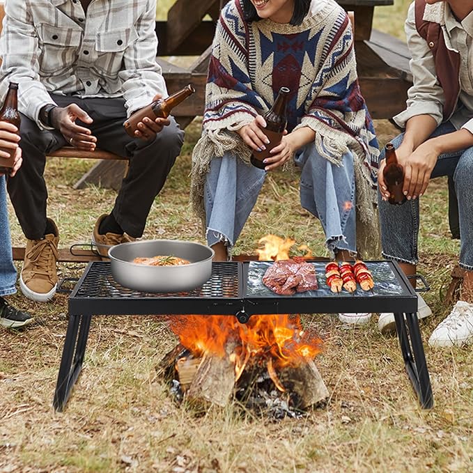 VEVOR Folding Campfire Grill, Heavy Duty Steel Mesh Grate, 22.4" Portable Camping Grates Over Fire Pit, Camp Fire Cooking Equipment with Legs Carrying Bag, Grilling Rack for Outdoor Open Flame Cooking