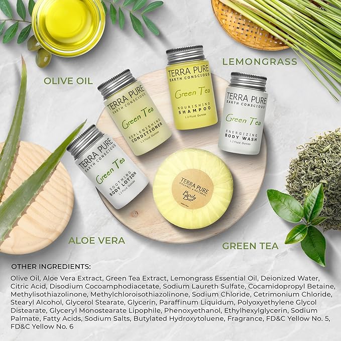 Terra Pure Hotel Soaps & Toiletries Bulk Set | 1-Shoppe Amenities Kit | 1oz Shampoo & Conditioner, Body Wash, Lotion, 1.25oz Bar Soap | Travel Size | 300 Pieces