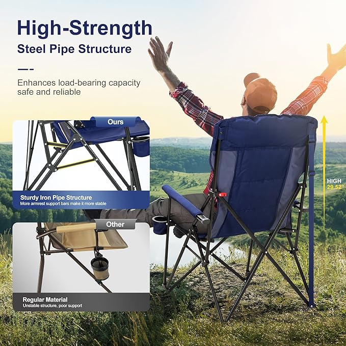 LET'S CAMP Oversized Camping Chairs 29.52" High Back Heavy Duty Lawn Chair Support 500LBS, Portable Collapsible Chair with Cup Holder, Side Pocket(Blue)