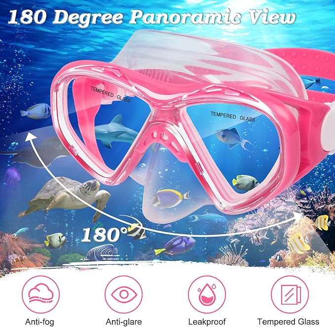 Kids Snorkel Set Dry Top Snorkeling Gear for Kids Youth Boys Girls Junior Age 5-15,Tempered Glass Swimming Diving Mask and Snorkel Set 180 Degree Panoramic View