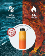 BUZIO 40oz Insulated Water Bottle, Triple Wall Vacuum Stainless Steel Water Flask with 2 lids, Lead-Free BPA-Free Straw Lid Sports Canteen Jug, Cold 48H & Hot 24H- Yellow Orange