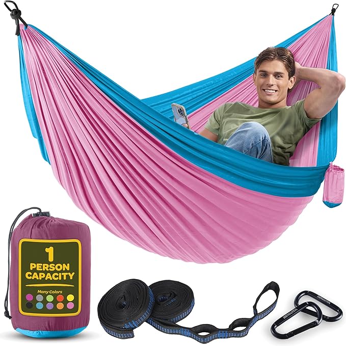 Durable Hammock 400 lb Capacity, Nylon Camping Hammock Chair - Double or Single Sizes w/Tree Straps and Attached Carry Bag - Portable for Travel/Backpacking/Beach/Backyard (Medium, Fuchsia & Sky Blue)
