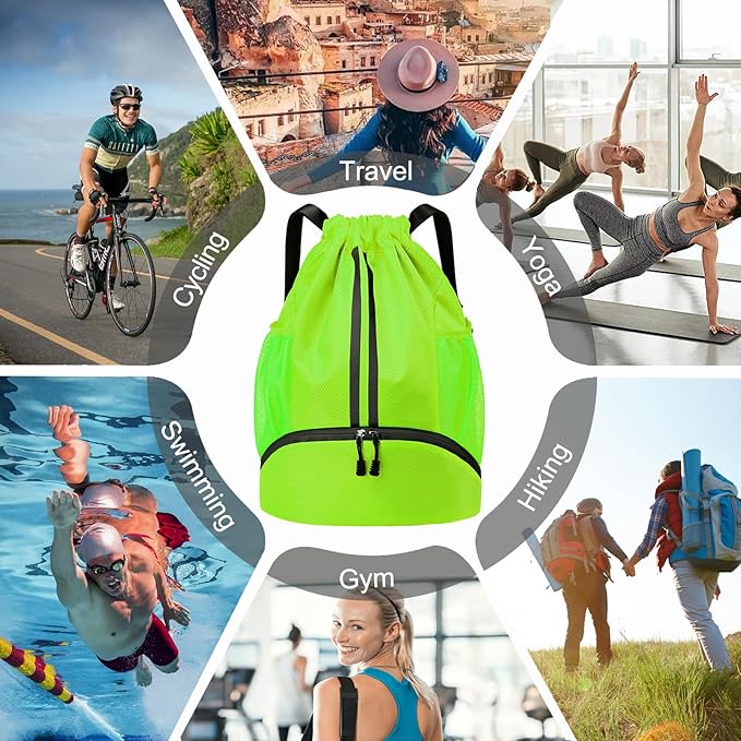 Hoedia Sports Drawstring Backpack - String Swim Gym Bag with Shoes Compartment and Wet Proof Pocket for Women&Men (Green)
