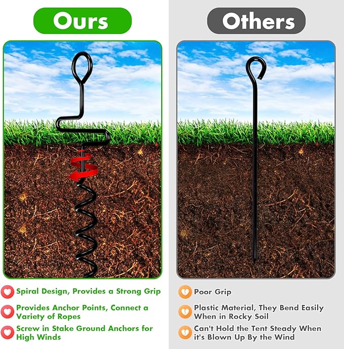 4 Pack Hunting Blind Stakes, 13 Inch Metal Spiral Tent Tacks, Heavy Duty Camping Tent Auger Stakes for Hunting Blinds and Tarps, Screw in Stake Ground Anchors for High Winds, Black