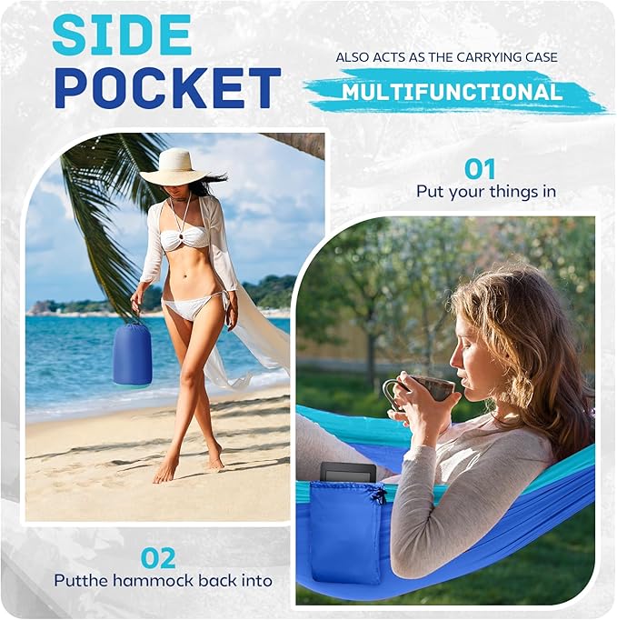 Camping Hammock Lightweight, Portable Hammocks Parachute Hammock with Two Tree Straps, Single or Double Travel Swing Nylon Camp Hammocks, Outdoor Essentials for Beach Backpacking Hiking, Blue