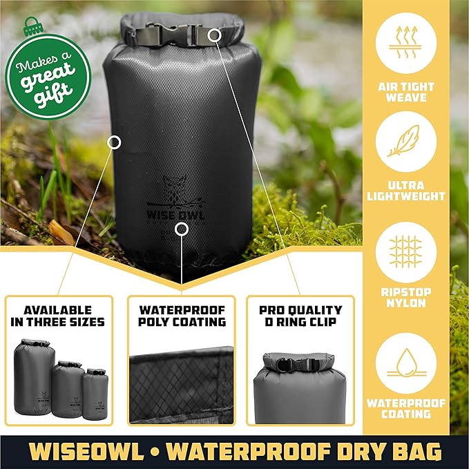 Wise Owl Outfitters Waterproof Dry Bag 3-Pack – Lightweight & Airtight 5L/10L/20L Small & Large Dry Bags for Kayaking, Beach, Travel, Boating, Hiking