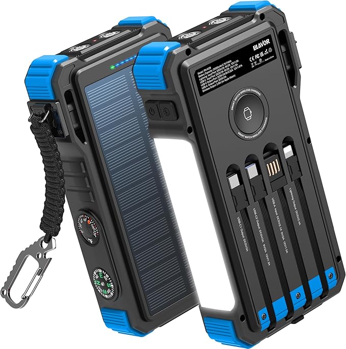 BLAVOR Solar Power Bank 20000mAh/74000mWh Built-in Cables, Wireless Charger for Apple Watch, 20W Fast Charging Battery Pack with USB C, Flashlight, Solar Charger for iPhone, iPad, iWatch, Samsung