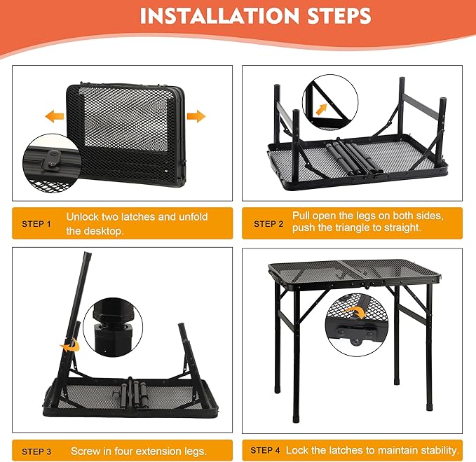 Camping Table with Mesh Desktop, Lightweight & Portable Folding Grill Table, Height Adjustable Metal Outdoor Table for Camp, Cooking, BBQ, RV, Picnic-4 FT Black