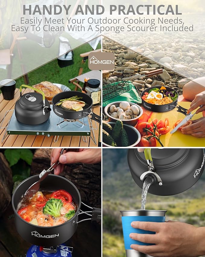 HOMGEN 12-Pieces Ultralight Anodized Aluminum Camping Cookware Set for 2 People - Nesting Pot/Pan with Foldable Handles 800ml Insulated Teapot & Stainless Cups for Camping Hiking