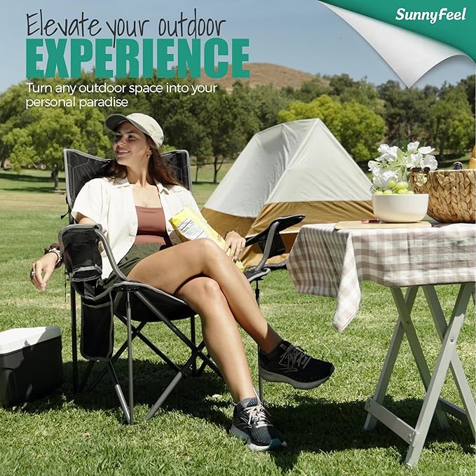 SUNNYFEEL Oversized Folding Camping Chair 2 Pack 500 LBS Heavy Duty Lawn Chairs with Portable Folding with Armrest, Cup Holder, Pocket ＆Bag for Outdoor Camping/Beach/Travel/Picnic/Fishing