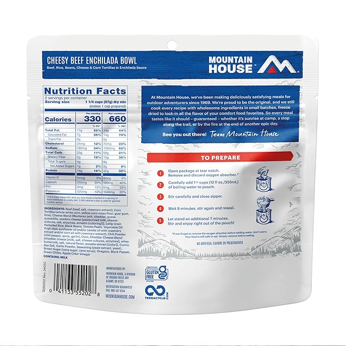 Mountain House GlutenFree Cheesy Beef Enchilada Bowl FreezeDried Food for Camping, 12 Servings, 30Year ShelfLife