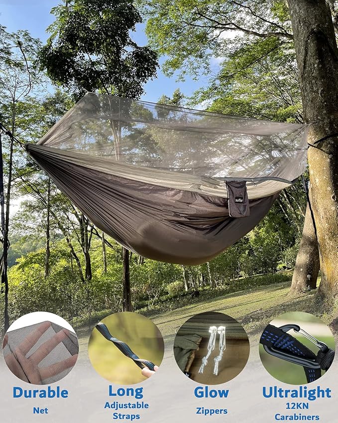 Sunyear Camping Hammock, Portable Single & Double Hammock with Net, 2 Person Hammock Tent with 2 * 10ft Straps, Best for Outdoor Hiking Survival Travel
