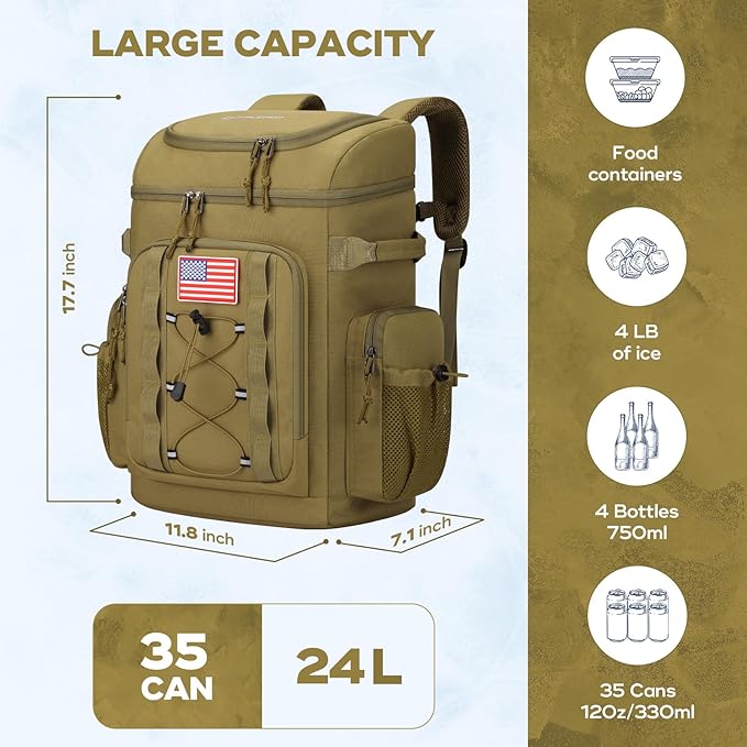 Maelstrom Backpack Cooler,Soft Lightweight Leakproof Tactical Cooler Backpack,35 Can Insulated Cooler Bag,Keeps 35 Cans Hot/Cold for Up to 16 Hours,Waterproof Lunch Bag for Men Women-Khaki