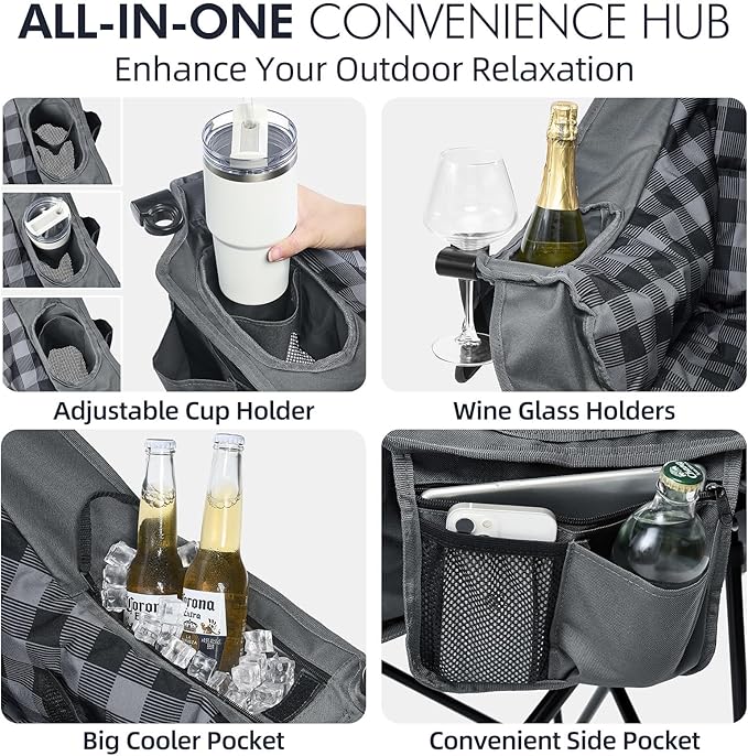 Oversized Camping Chairs for Adults - Heavy Duty Padded Outdoor Folding Lawn XL Camp Chair with Cup Holder Cooler Pockets for Outside Sports Beach Fishing Garden Portable Supports 500lbs, Grey