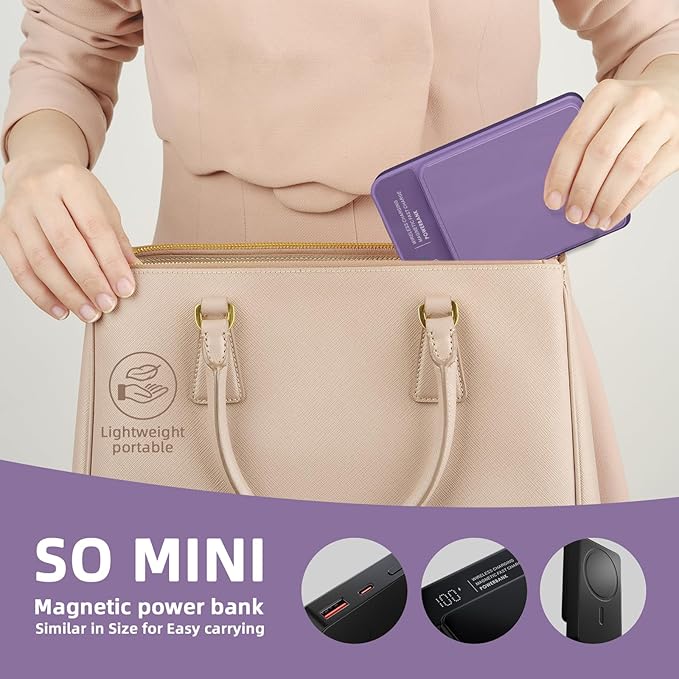 Magnetic Power Bank, 10000mAh Magnetic Portable Charger, 22.5W Wireless Power Bank, USB-C Fast Charging, LED Display Magnetic Battery Pack, Compatible for iPhone17/16/15/14/13 Pro/Pro Max/Plus(Purple)