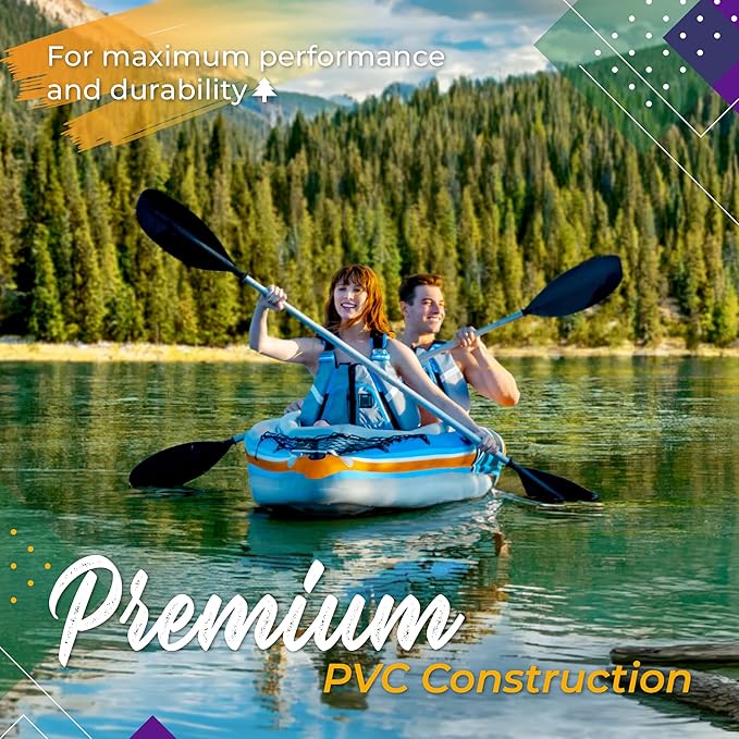 Sunlite Sports 2-Person Inflatable Kayak with Aluminum Oars (136" x 33"), High Output Air Pump and Storage Bag, Double Tandem Kayak for Adults, Two Person Canoe and Kayak, Good for Lakes and Rivers