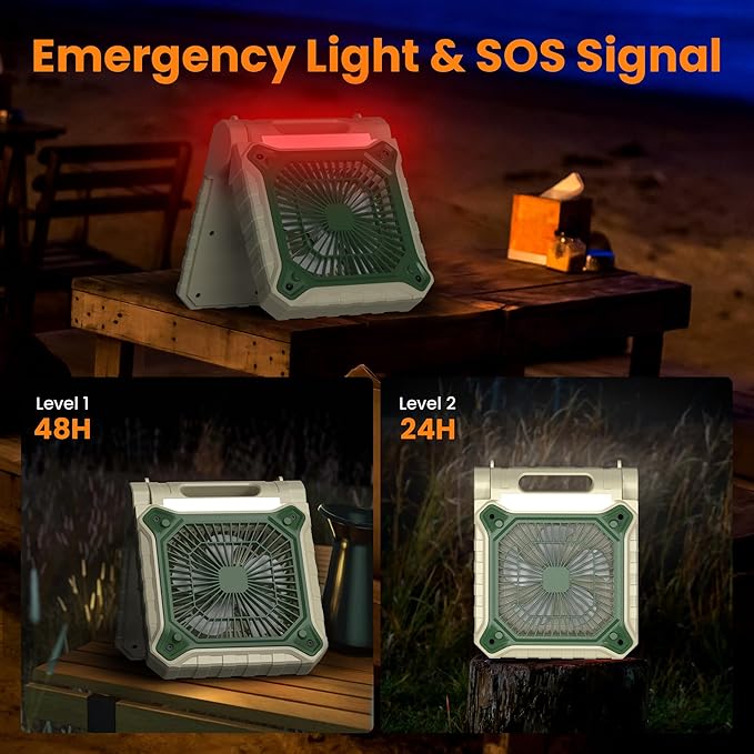 KITWLEMEN 10.2 Inch Solar Camping Fan with Light- Rechargeable Battery Operated Fan, 38H Run Time, 3 Speed, 6H Timer, SOS Signal, Portable Desk Fan for Camping Fishing RV Trips Hurricane Power Outage