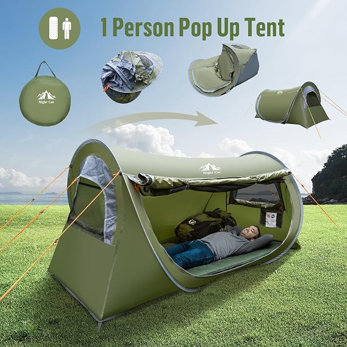Night Cat Pop-up Camping Tent: 1 2 Person Tent Waterproof Instant Easy Setup Tunnel Tent