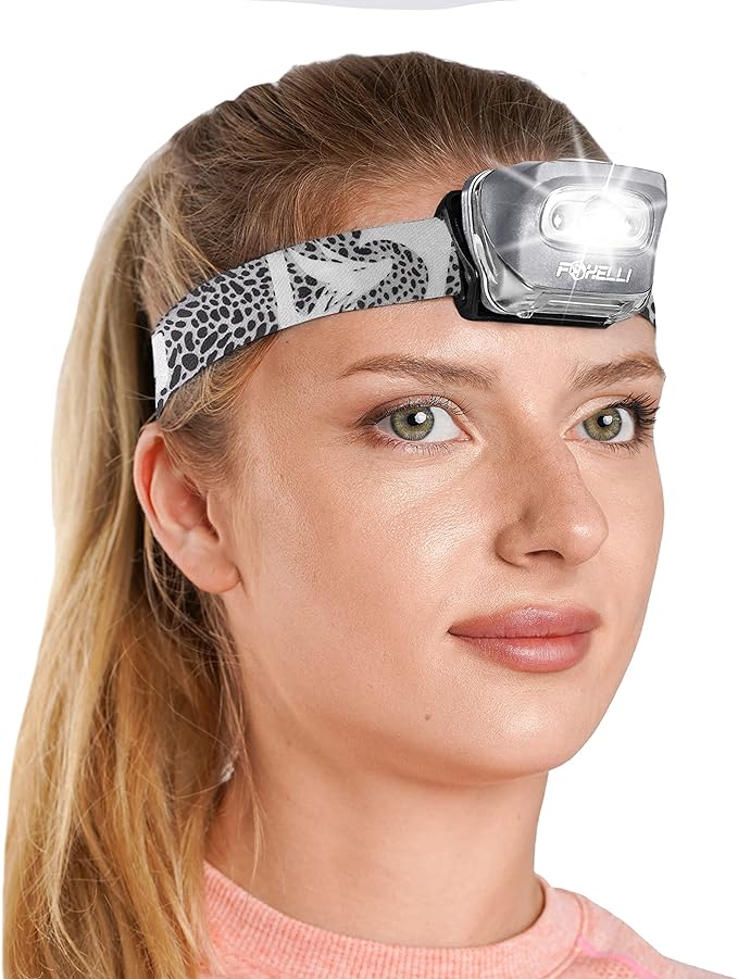 Foxelli LED Headlamp Flashlight for Adults & Kids, Running, Camping, Hiking Head Lamp with White & Red Light, Comfortable Headband, Lightweight & Waterproof, 3 AAA Batteries