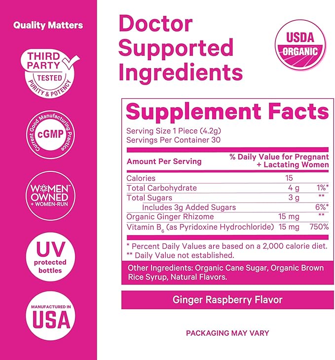 Pink Stork Morning Sickness Sweets, Organic Raspberry Ginger Candy with Vitamin B6, Support for Motion Sickness, Prenatal Heartburn - Pregnancy Must Haves - 30 Wrapped Drops