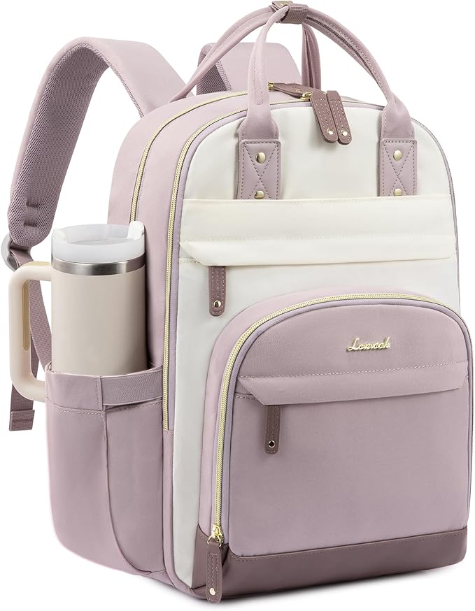 LOVEVOOK Laptop Backpack Women with Tumbler Holder,18.4 inch Work Travel Backpack Computer Laptop Bag,Cute College Nurse Teacher Backpack Purse,Gifts for Women & Men,Light purple-Beige-Pinkish purple