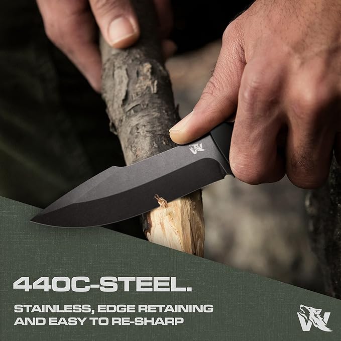 WOLF-I Full Tang Survival Knife with Sheath - Stylish Tactical Fixed Blade - Made of 440C Steel - For Bushcraft and Camping Survival - Perfect EDC Outdoor Knife with TPE Handle