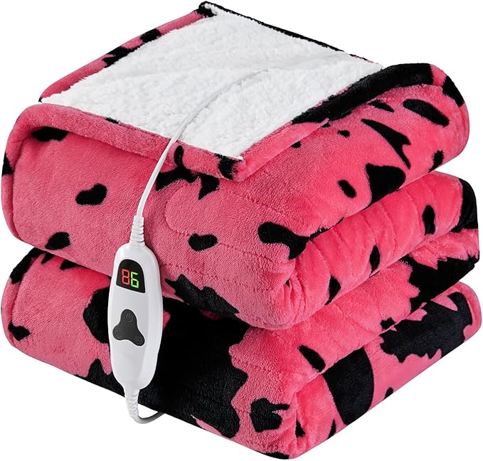 Cow Print Heated Electric Blanket Full Size,72X84 Pink Heating Blanket with 10 Heats Levels & 8 Hours Auto Off,Highland Cow Decor Fleece Sherpa Blankets Warmer Gifts for Women Adults,Washable,ETL