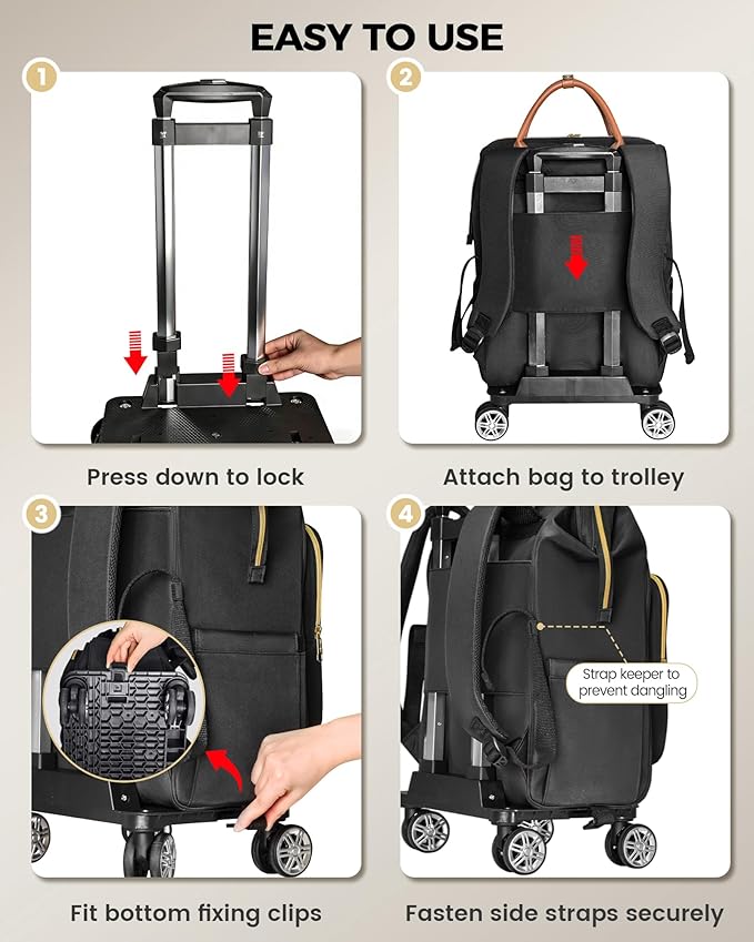 Ytonet Rolling Backpack for Women, 15.6 In Rolling Travel Backpack with 4 Spinner Wheels, Carry On Wheeled Backpack with Detachable Trolley, Water-Resistant Roller Bag for College Business Work, Grey