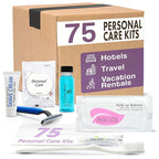 Personal Care Travel Toiletries | 1-Shoppe Amenities Kit | Travel Shaving Set, Toothbrush & Paste, Mouthwash, Makeup Wipes, Swabs, Nail File & Sewing Kit | 75 Pieces