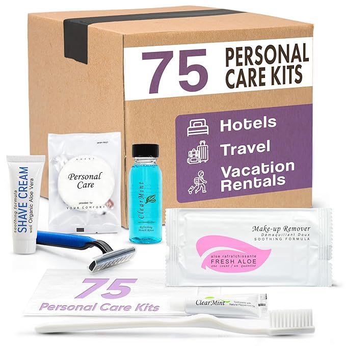 Personal Care Travel Toiletries | 1-Shoppe Amenities Kit | Travel Shaving Set, Toothbrush & Paste, Mouthwash, Makeup Wipes, Swabs, Nail File & Sewing Kit | 75 Pieces