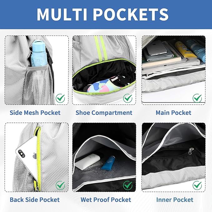 JELUTAR Drawstring Backpack Gym Bag with Shoes Compartment for Soccer, Basketball, Swim, Water-Resistant String Backpack Beach Cinch for Women Men, Grey, Medium
