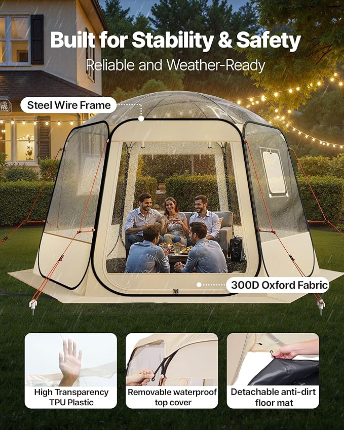 VEVOR Pop up Sports Tent, 8 Sizes Optional Clear Bubble Tent for 1-6 Person, Waterproof Outdoor Pod with Floor Mat & Top Cover, Garden Igloo Dome Tents Camping Shelter for Sports Watching
