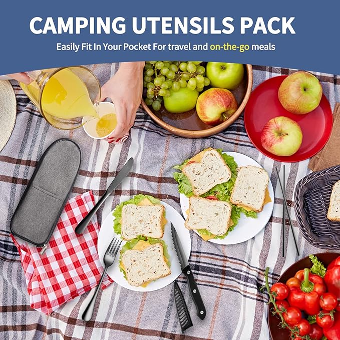 Travel Utensils with Case,Reusable Utensils,Portable Travel Camping Cutlery Set,Stainless Steel Flatware Set,Lunch Boxes Workplace Camping School Picnic (Black)