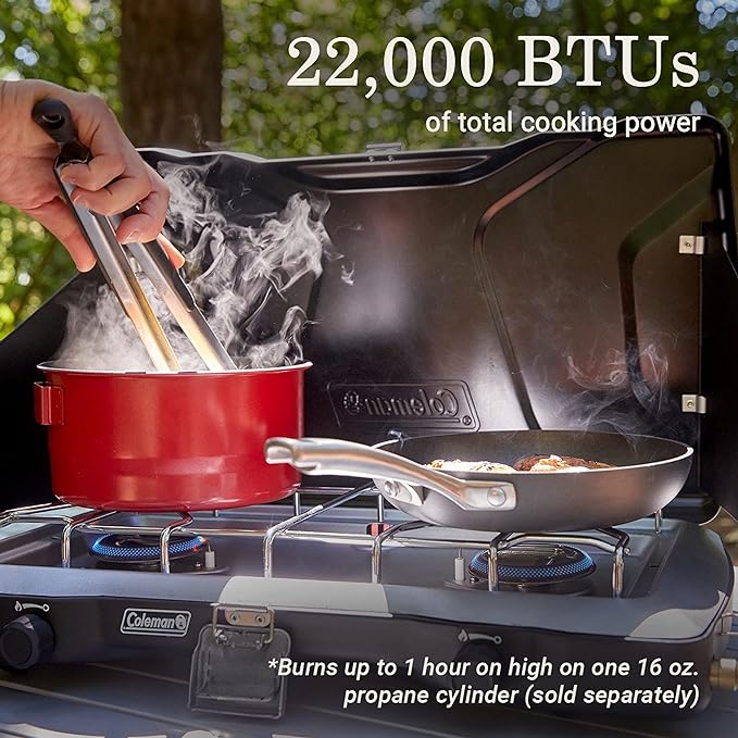 Coleman Triton+ 2-Burner Propane Camping Stove with InstaStart Ignition, Portable Camping Cooktop with 2 Adjustable Burners & Wind Guards, 22,000 BTUs of Power for Camping, Tailgating, Grilling