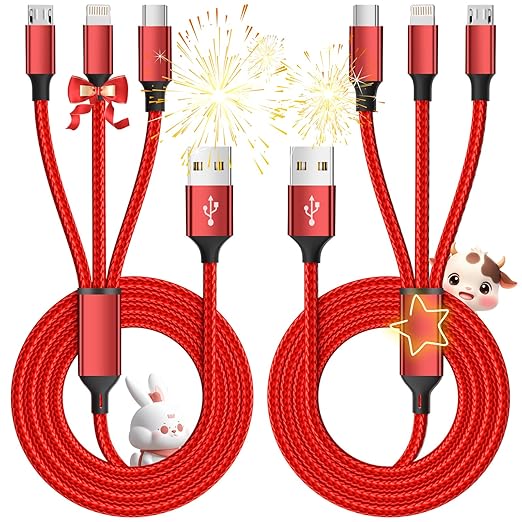Multi Charging Cable, (2 Pack 4FT) Multi USB Charger Cable 3 in 1 Charging Nylon Braided Charging Cord with Type-C, Micro USB, IP Port for Most Phones/iPhones/Tablets, Red