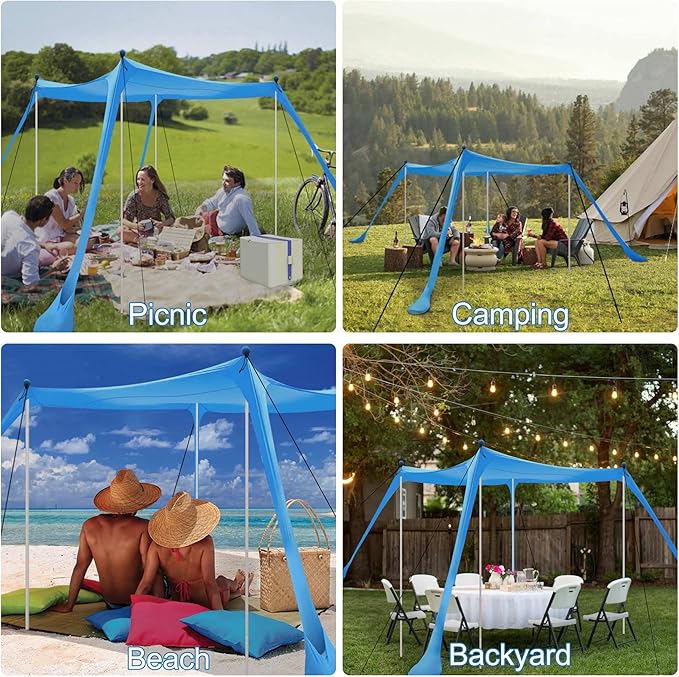 Beach Tent Sun Shelter with UPF 50+ UV Protection, Beach Canopy Sun Shade 11x11 FT with Sandbags, Poles and Ground Pegs and Anti-Wind Ropes, Pop Up Tent for Camping, Backyard and Picnics
