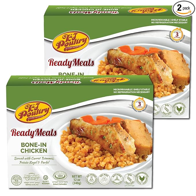 KJ Poultry Kosher Ready Meals - Bone In Chicken & Kugel, MRE Meat Meals Ready to Eat, Shabbos Food, Halal, (2 Pack) Prepared Entree Fully Cooked, Shelf Stable Microwave Dinner Travel Military Camping