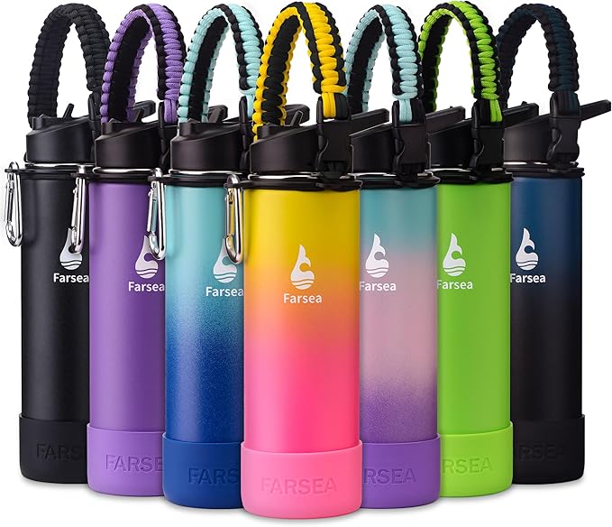 Farsea Insulated Water Bottle With Paracord Handle, Protective Boot and 2 Lids (Straw Lid & Spout Lid), Stainless Steel Water Bottle Wide Mouth, Double Wall Sweat-Proof BPA-Free, 24 oz